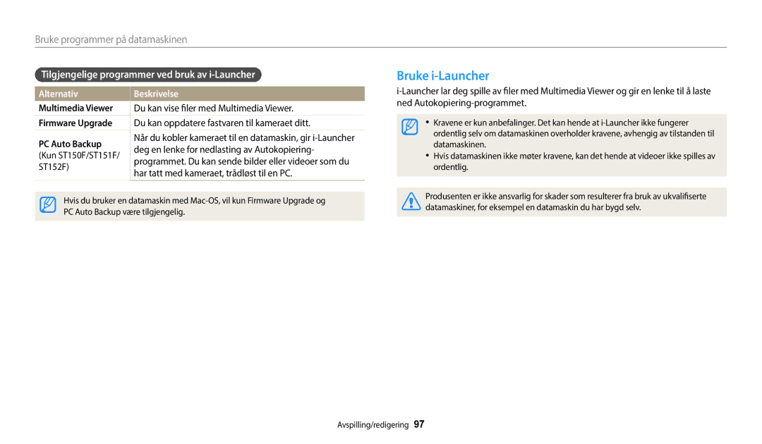 Samsung EC-ST150FBPWE2 manual Bruke i-Launcher, Tilgjengelige programmer ved bruk av i-Launcher, Multimedia Viewer 