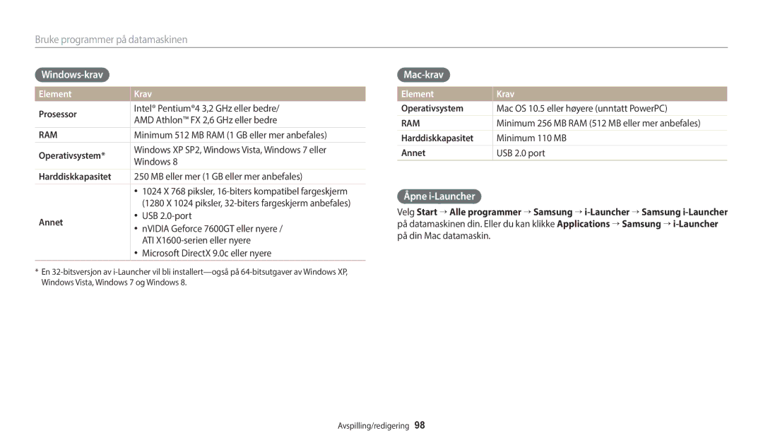 Samsung EC-ST72ZZBPBE2, EC-ST72ZZBPWE2, EC-ST150FBPPE2, EC-ST150FBPWE2 Windows-krav, Mac-krav, Åpne i-Launcher, Element Krav 