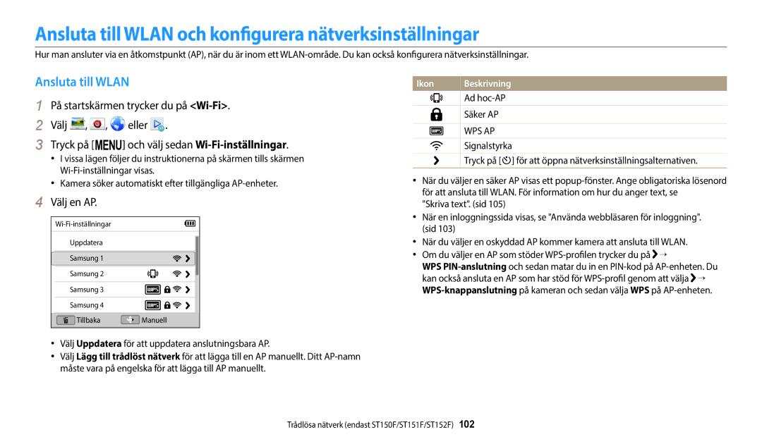 Samsung EC-ST150FBPPE2, EC-ST72ZZBPWE2, EC-ST150FBPWE2 Ansluta till Wlan och konfigurera nätverksinställningar, Välj en AP 