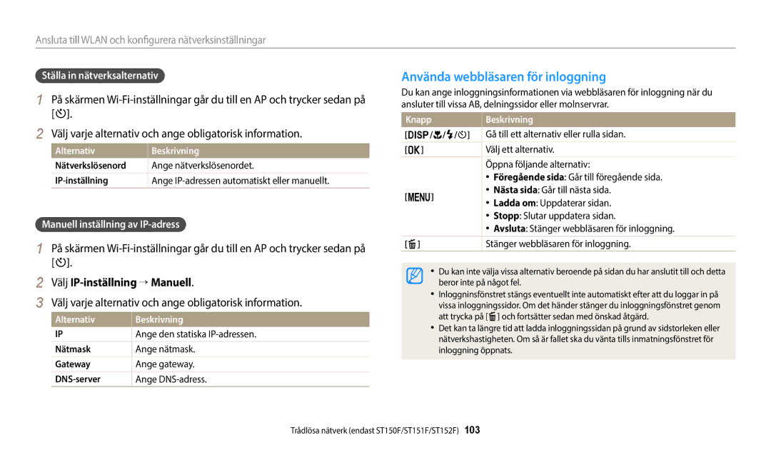 Samsung EC-ST150FBPWE2 Använda webbläsaren för inloggning, Välj IP-inställning → Manuell, Ställa in nätverksalternativ 