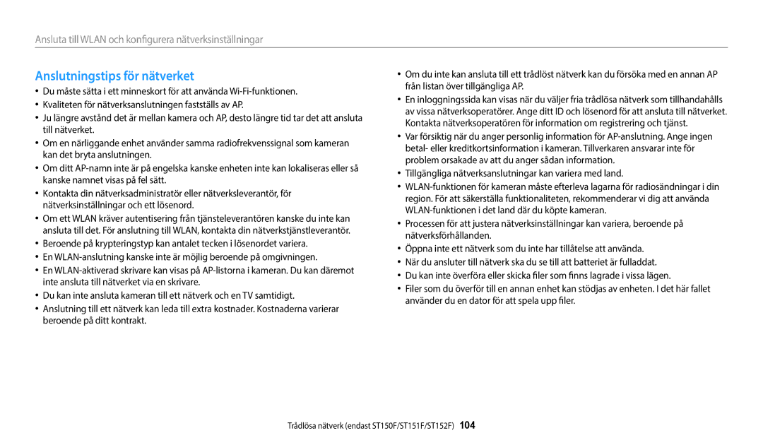 Samsung EC-ST72ZZBPBE2 manual Anslutningstips för nätverket, Tillgängliga nätverksanslutningar kan variera med land 