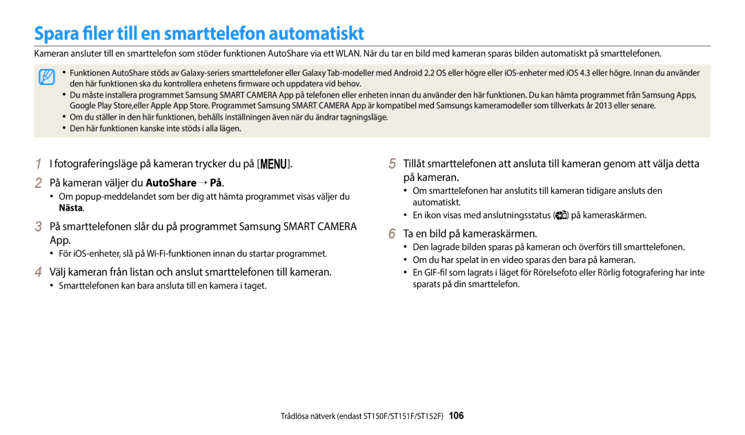 Samsung EC-ST72ZZBPLE2, EC-ST72ZZBPWE2 manual Spara filer till en smarttelefon automatiskt, Ta en bild på kameraskärmen 