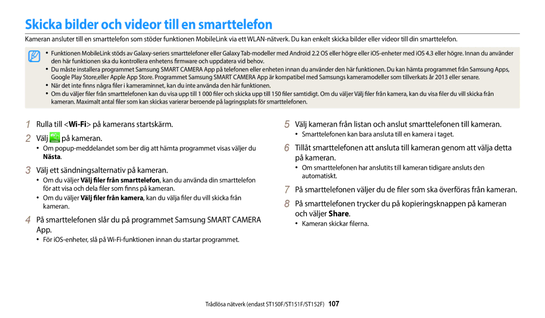 Samsung EC-ST72ZZBPWE2 manual Skicka bilder och videor till en smarttelefon, Välj ett sändningsalternativ på kameran 