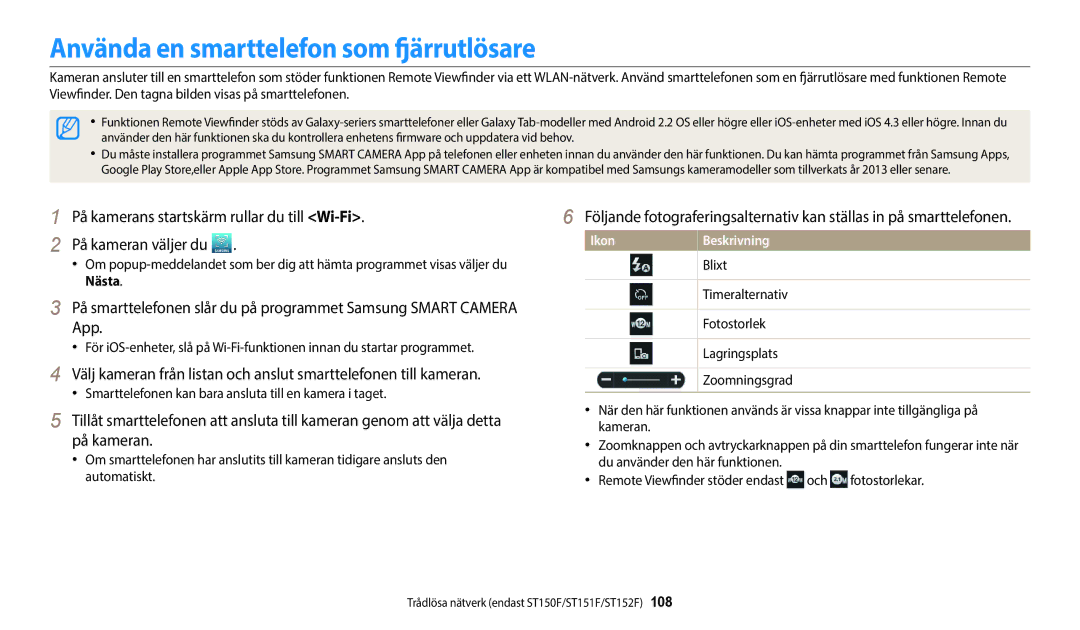 Samsung EC-ST150FBPPE2 manual Använda en smarttelefon som fjärrutlösare, Timeralternativ, Fotostorlek, Lagringsplats 