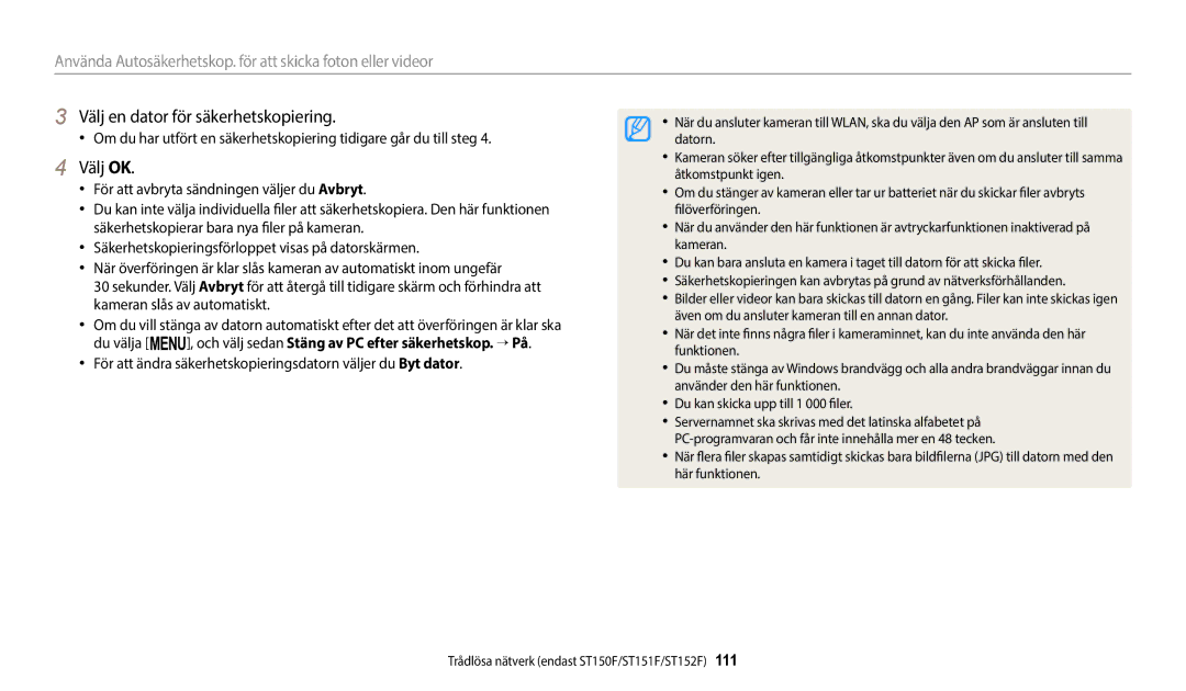 Samsung EC-ST150FBPBE2, EC-ST72ZZBPWE2, EC-ST150FBPPE2, EC-ST150FBPWE2 manual Välj en dator för säkerhetskopiering, Välj OK 