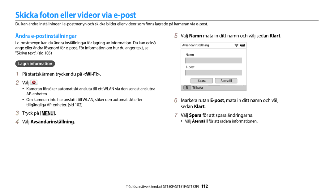 Samsung EC-ST72ZZBPLE2 manual Skicka foton eller videor via e-post, Ändra e-postinställningar, Välj Avsändarinställning 