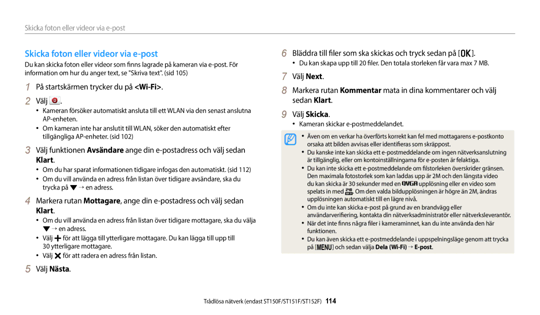 Samsung EC-ST150FBPPE2, EC-ST72ZZBPWE2 manual Skicka foton eller videor via e-post, Kameran skickar e-postmeddelandet 