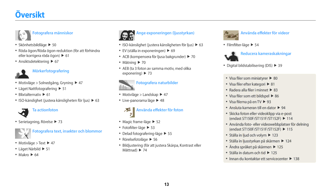 Samsung EC-ST150FBPWE2, EC-ST72ZZBPWE2, EC-ST150FBPPE2, EC-ST72ZZBPBE2, EC-ST150FBPBE2 manual Översikt, Fotografera människor 