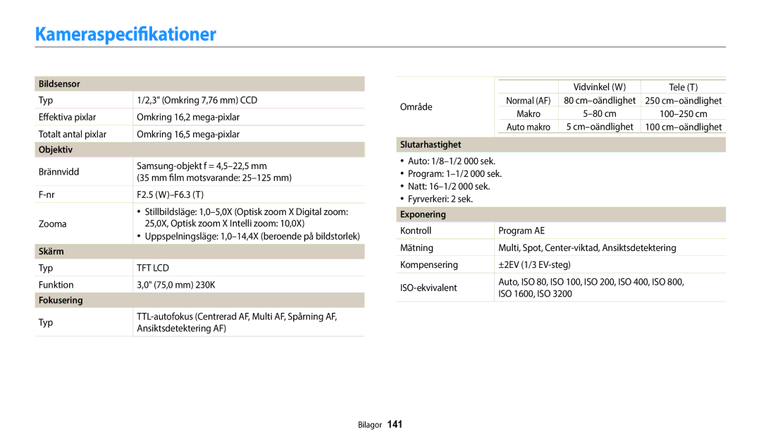 Samsung EC-ST150FBPBE2, EC-ST72ZZBPWE2, EC-ST150FBPPE2, EC-ST150FBPWE2, EC-ST72ZZBPBE2, EC-ST72ZZBPLE2 Kameraspecifikationer 