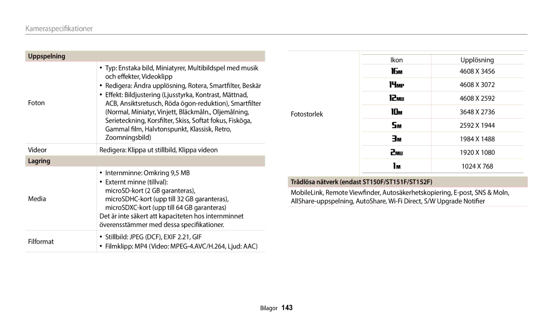 Samsung EC-ST72ZZBPWE2, EC-ST150FBPPE2, EC-ST150FBPWE2, EC-ST72ZZBPBE2 Lagring, Trådlösa nätverk endast ST150F/ST151F/ST152F 