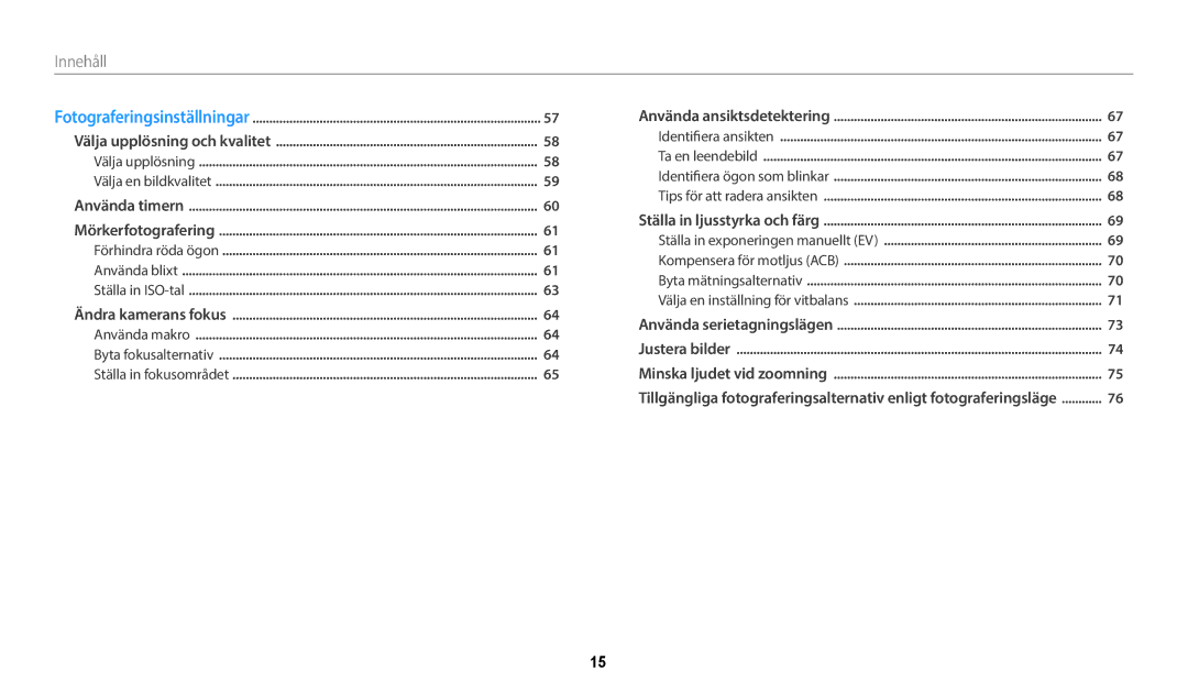 Samsung EC-ST150FBPBE2, EC-ST72ZZBPWE2, EC-ST150FBPPE2, EC-ST150FBPWE2, EC-ST72ZZBPBE2, EC-ST72ZZBPLE2 manual Innehåll﻿ 