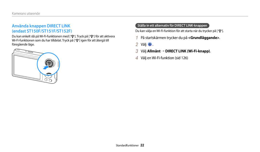 Samsung EC-ST72ZZBPLE2 manual På startskärmen trycker du på Grundläggande Välj, Välj Allmänt → Direct Link Wi-Fi-knapp 