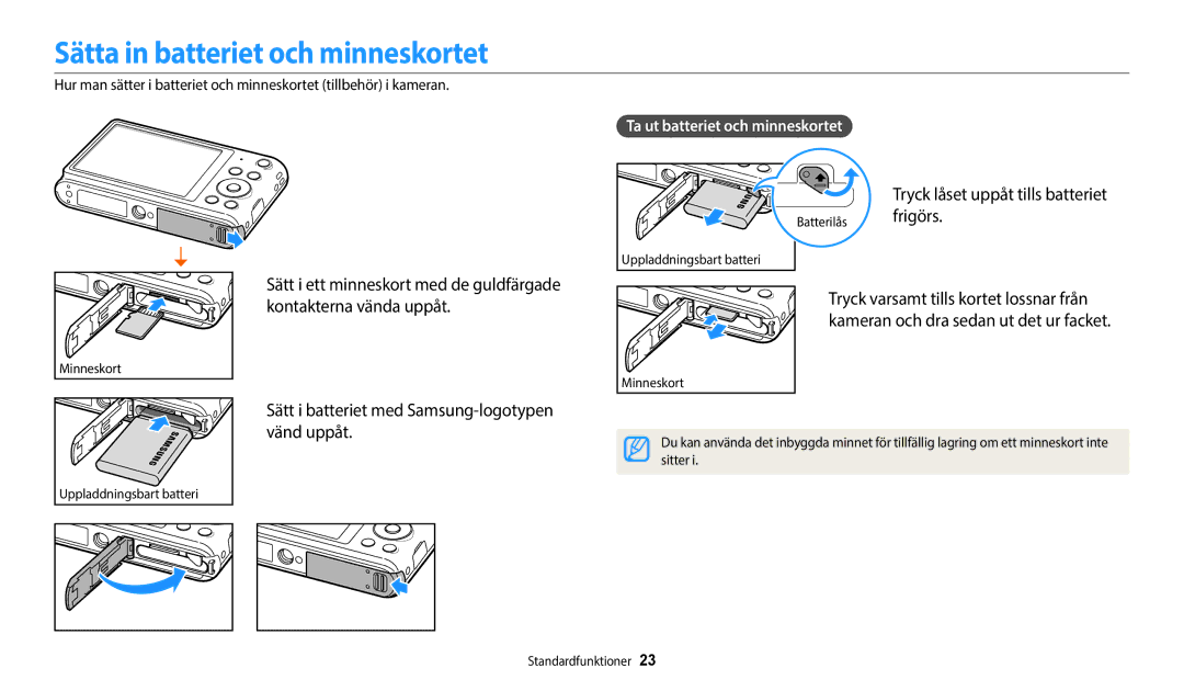 Samsung EC-ST72ZZBPWE2, EC-ST150FBPPE2 manual Sätta in batteriet och minneskortet, Tryck låset uppåt tills batteriet frigörs 