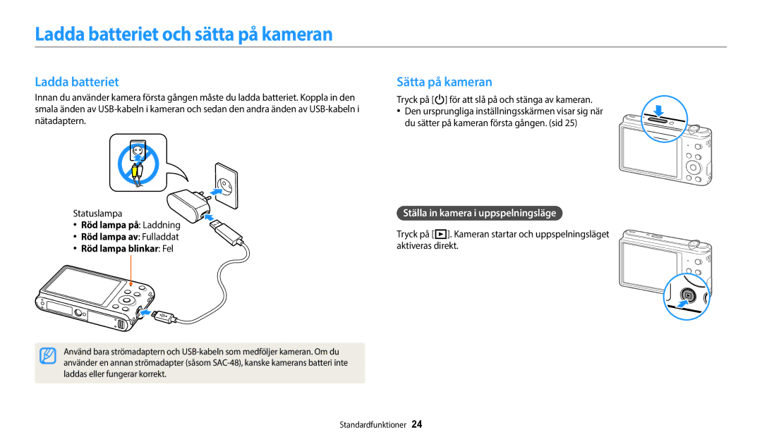 Samsung EC-ST150FBPPE2 manual Ladda batteriet och sätta på kameran, Sätta på kameran, Ställa in kamera i uppspelningsläge 