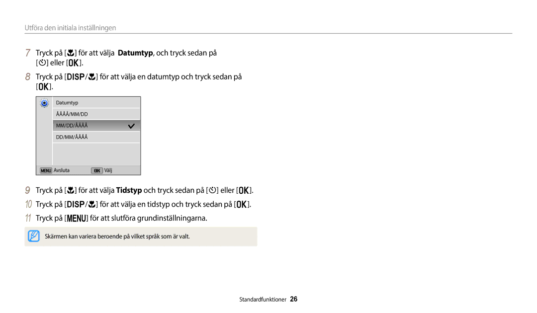 Samsung EC-ST72ZZBPBE2, EC-ST72ZZBPWE2, EC-ST150FBPPE2, EC-ST150FBPWE2, EC-ST150FBPBE2 manual Utföra den initiala inställningen 