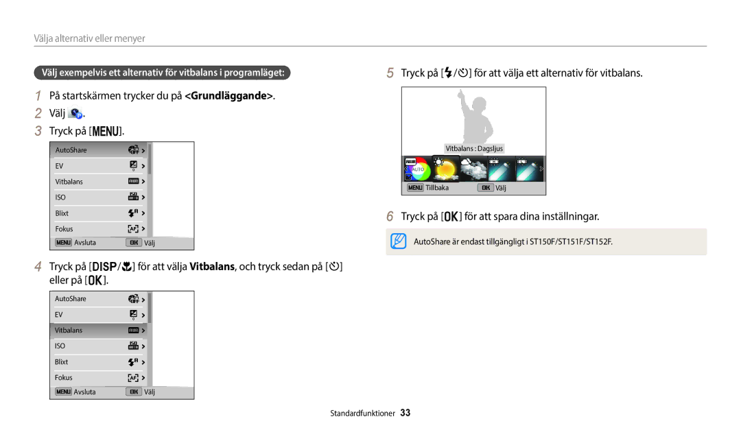 Samsung EC-ST150FBPBE2, EC-ST72ZZBPWE2, EC-ST150FBPPE2 manual Välj Tryck på m, På startskärmen trycker du på Grundläggande 