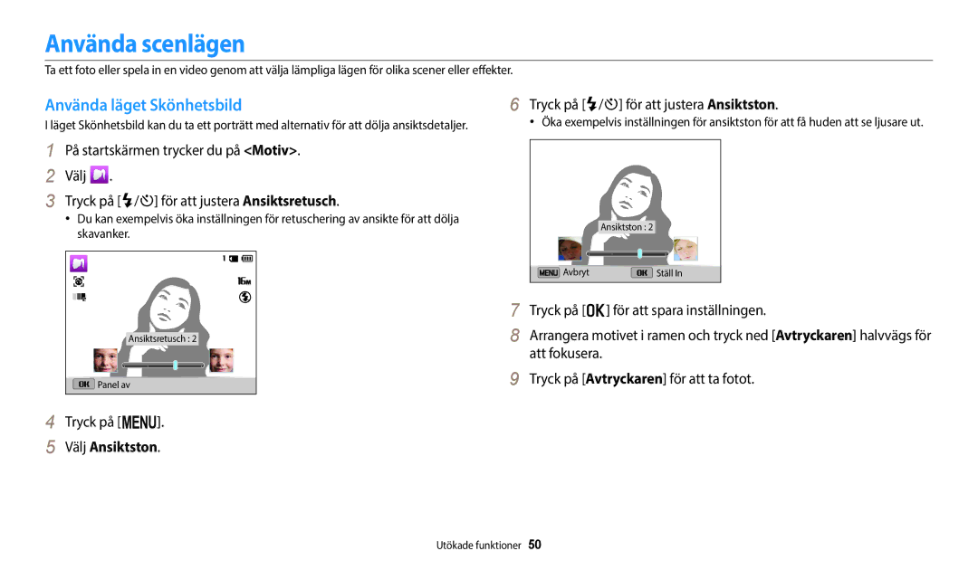 Samsung EC-ST72ZZBPBE2, EC-ST72ZZBPWE2, EC-ST150FBPPE2 manual Använda scenlägen, Använda läget Skönhetsbild, Välj Ansiktston 