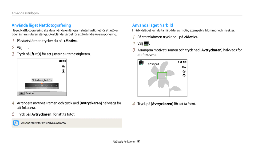 Samsung EC-ST150FBPBE2, EC-ST72ZZBPWE2, EC-ST150FBPPE2 manual Använda läget Nattfotografering, Använda läget Närbild 