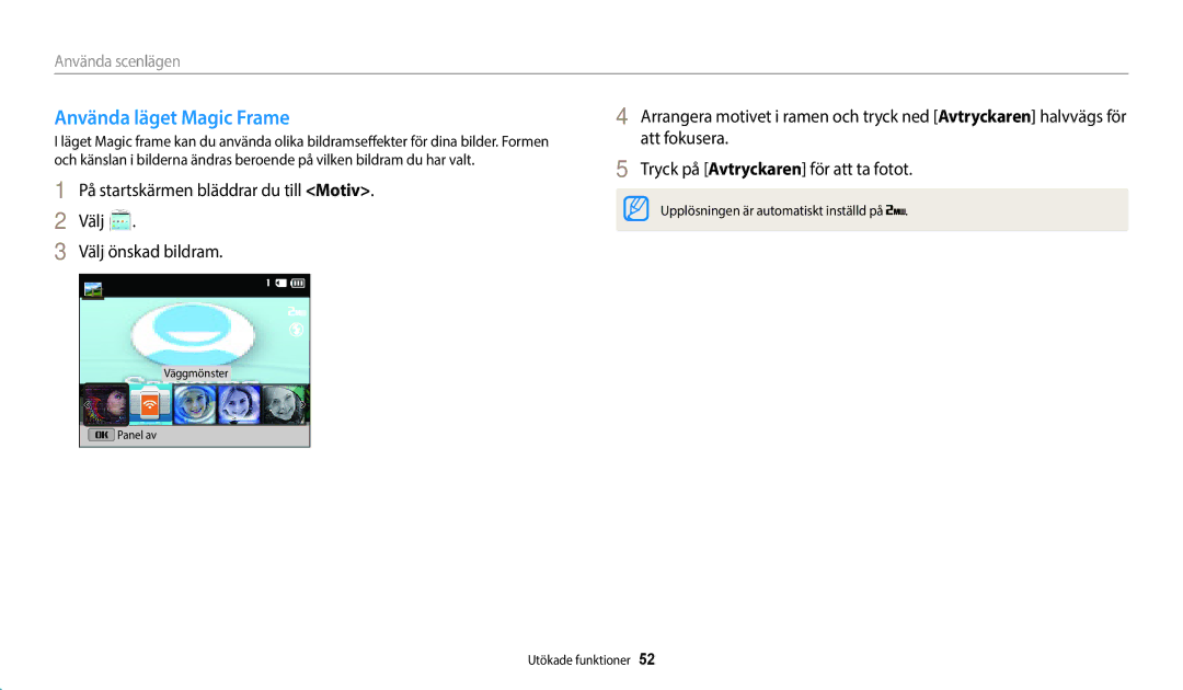 Samsung EC-ST72ZZBPLE2, EC-ST72ZZBPWE2, EC-ST150FBPPE2, EC-ST150FBPWE2, EC-ST72ZZBPBE2 manual Använda läget Magic Frame 