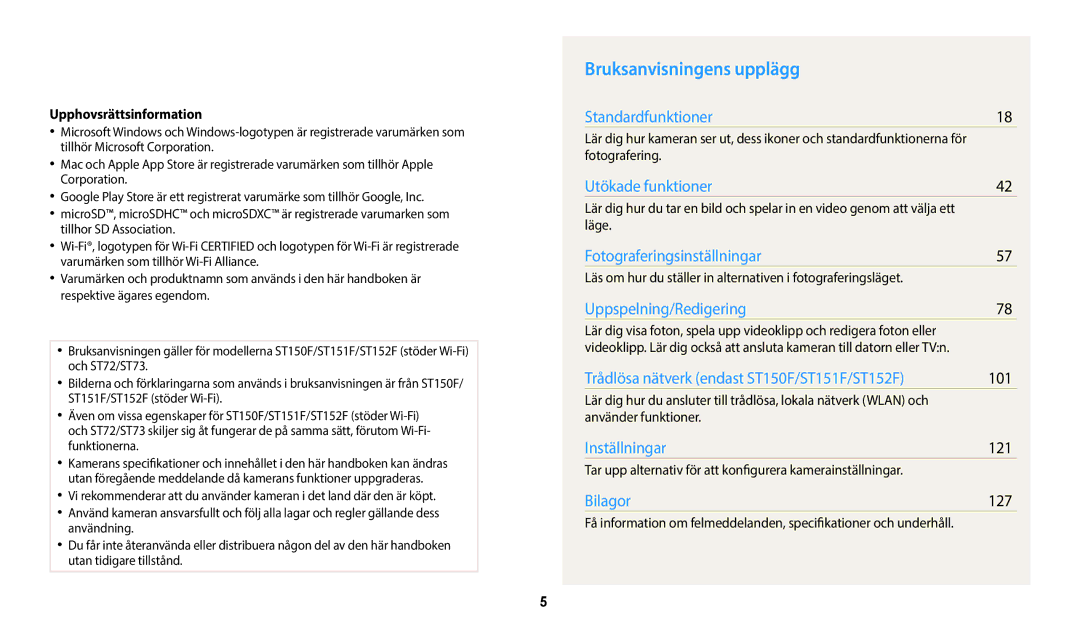 Samsung EC-ST72ZZBPWE2, EC-ST150FBPPE2, EC-ST150FBPWE2 Bruksanvisningens upplägg, 101, 121, 127, Upphovsrättsinformation 