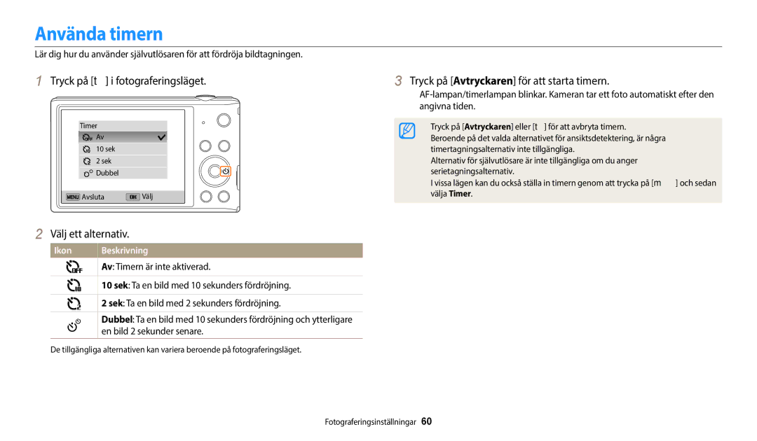 Samsung EC-ST150FBPPE2 manual Använda timern, Tryck på t i fotograferingsläget, Tryck på Avtryckaren för att starta timern 