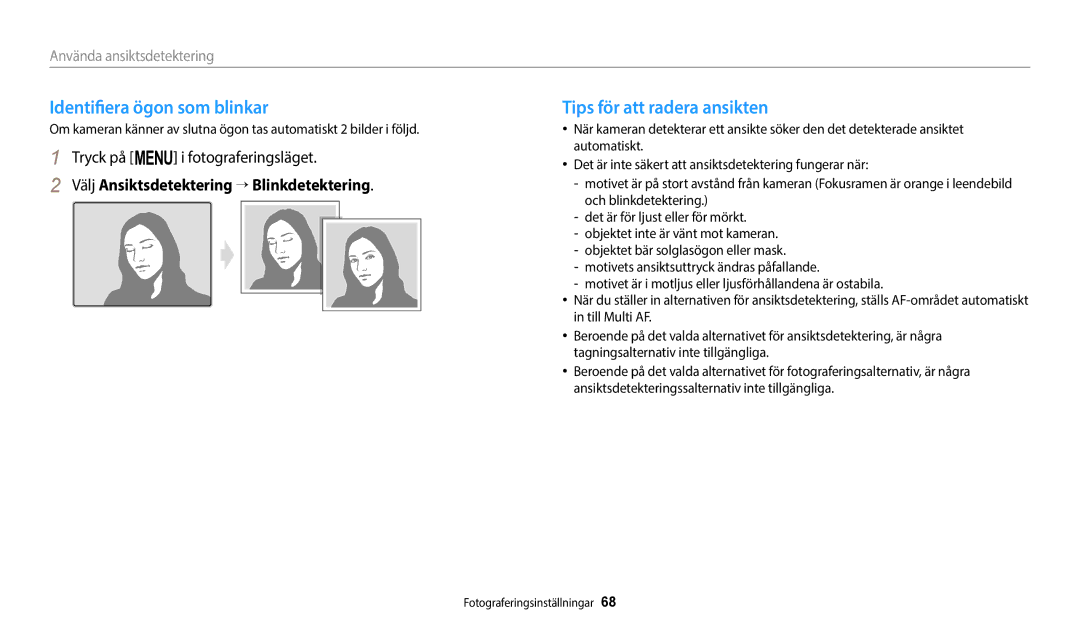 Samsung EC-ST72ZZBPBE2, EC-ST72ZZBPWE2, EC-ST150FBPPE2 manual Identifiera ögon som blinkar, Tips för att radera ansikten 