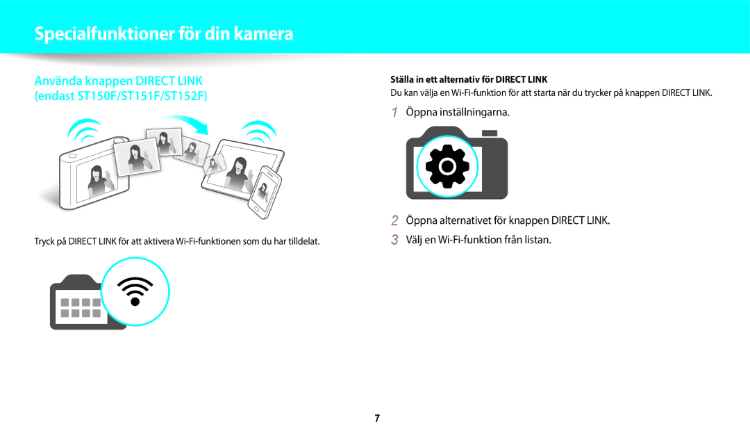 Samsung EC-ST150FBPWE2, EC-ST72ZZBPWE2 manual Specialfunktioner för din kamera, Ställa in ett alternativ för Direct Link 