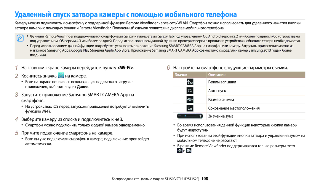 Samsung EC-ST72ZZBPLE2, EC-ST72ZZBPWE2 Настройте на смартфоне следующие параметры съемки, Режим вспышки, Размер снимка 