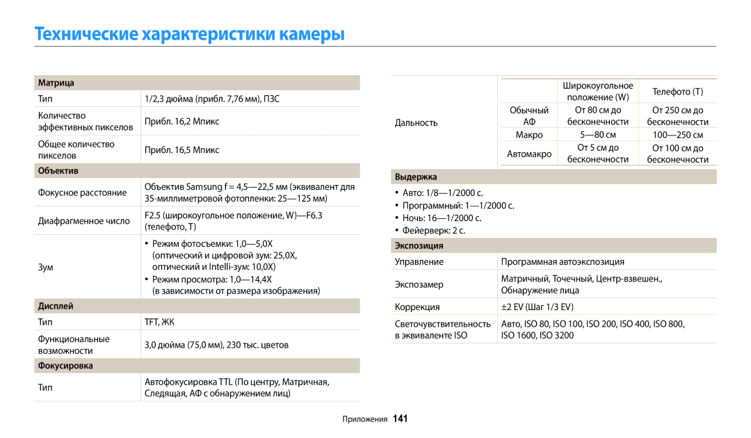 Samsung EC-ST150FBPSKZ, EC-ST72ZZBPWE2, EC-ST150FBPWE2, EC-ST72ZZBPBE2, EC-ST150FBPBE2 manual Технические характеристики камеры 