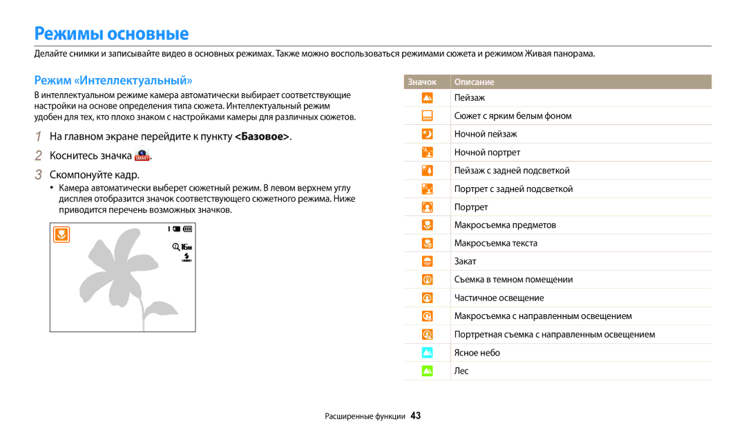 Samsung EC-ST72ZZBPBE2 manual Режимы oсновные, Режим «Интеллектуальный», На главном экране перейдите к пункту Базовое 