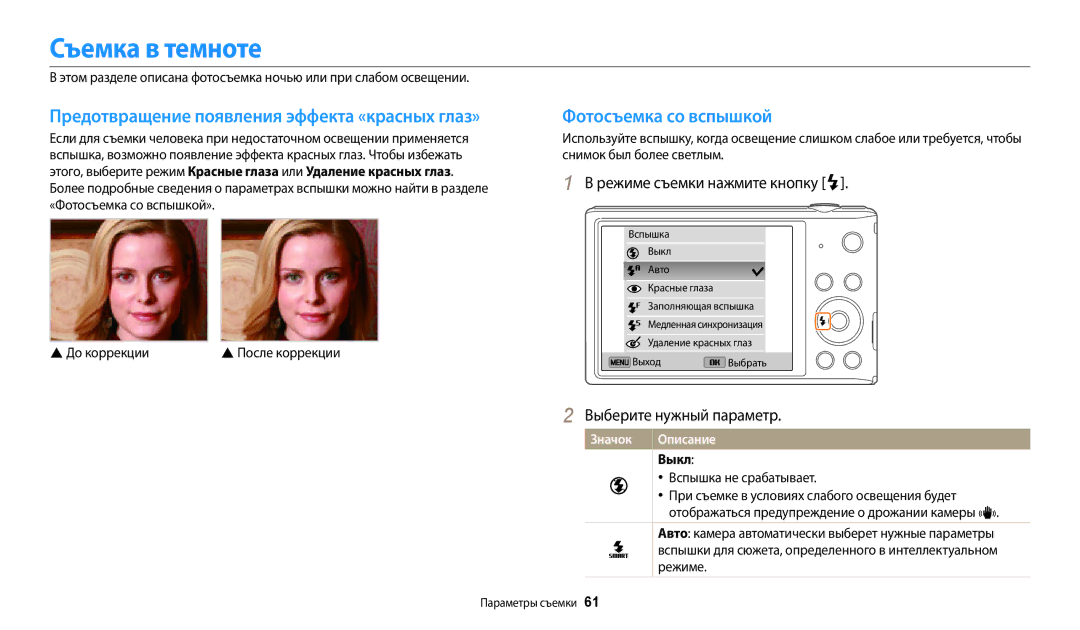 Samsung EC-ST150FBPWRU, EC-ST72ZZBPWE2 manual Съемка в темноте, Фотосъемка со вспышкой, Режиме съемки нажмите кнопку F, Выкл 