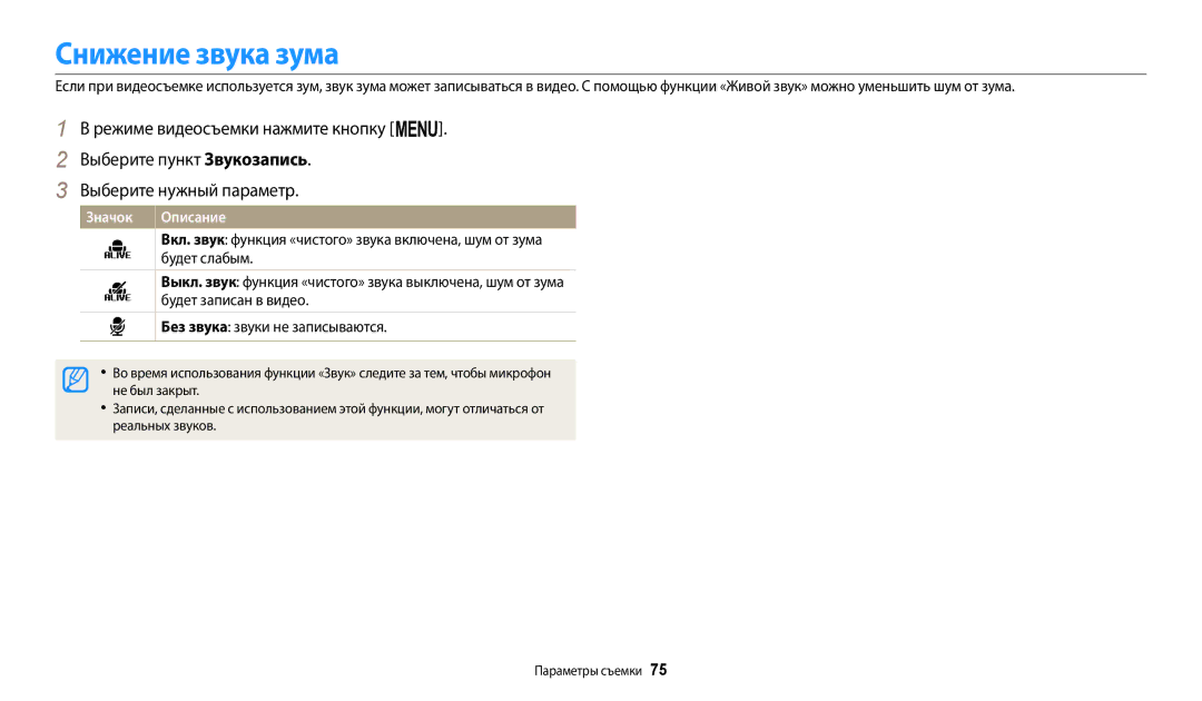 Samsung EC-ST72ZZBPBKZ, EC-ST72ZZBPWE2, EC-ST150FBPWE2, EC-ST72ZZBPBE2 Снижение звука зума, Не был закрыт, Реальных звуков 