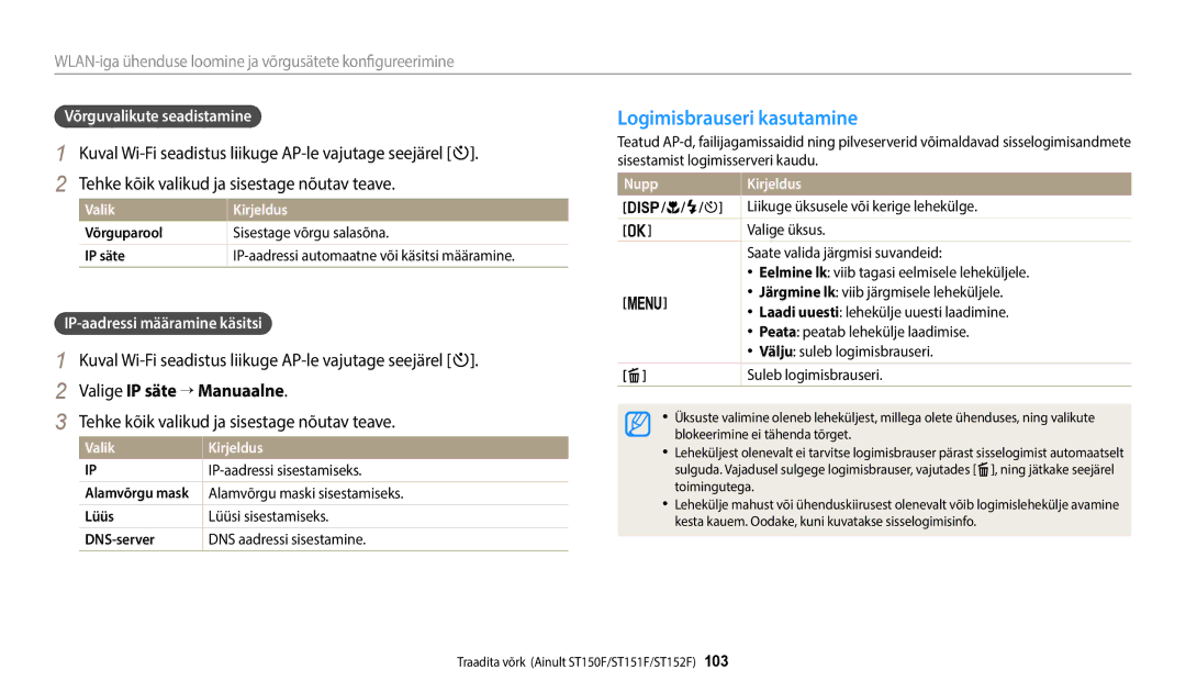 Samsung EC-ST72ZZBPLE2, EC-ST72ZZBPWE2 Logimisbrauseri kasutamine, Valige IP säte → Manuaalne, Võrguvalikute seadistamine 