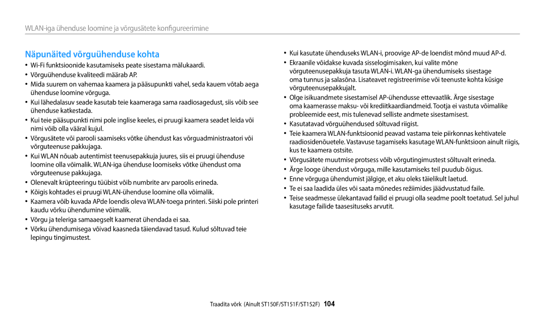 Samsung EC-ST72ZZBPWE2, EC-ST150FBPWE2, EC-ST72ZZBPBE2, EC-ST150FBPBE2, EC-ST72ZZBPLE2 manual Näpunäited võrguühenduse kohta 