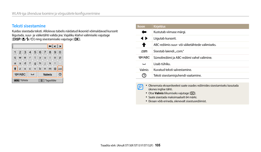 Samsung EC-ST150FBPWE2, EC-ST72ZZBPWE2, EC-ST72ZZBPBE2, EC-ST150FBPBE2, EC-ST72ZZBPLE2 manual Teksti sisestamine 