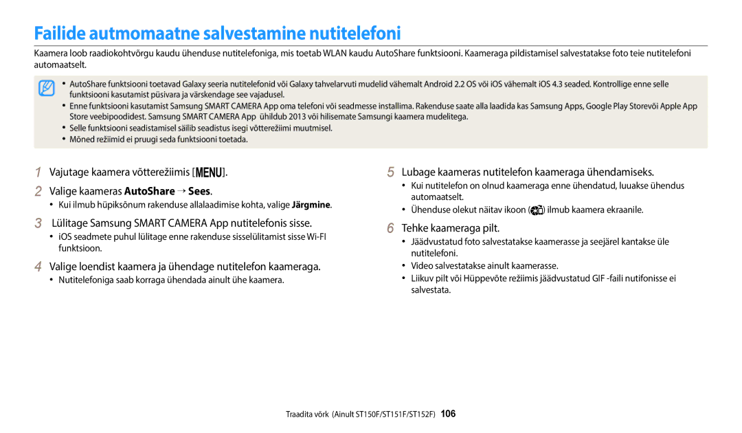 Samsung EC-ST72ZZBPBE2 Failide autmomaatne salvestamine nutitelefoni, Lubage kaameras nutitelefon kaameraga ühendamiseks 