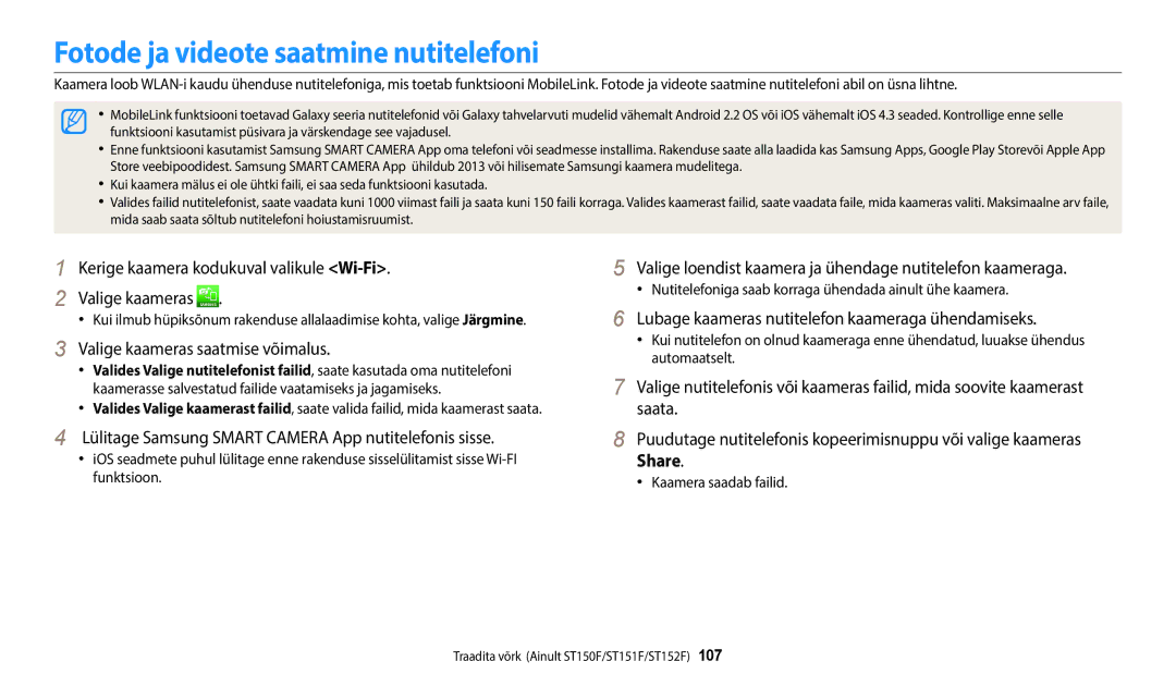 Samsung EC-ST150FBPBE2 Fotode ja videote saatmine nutitelefoni, Kerige kaamera kodukuval valikule Wi-Fi Valige kaameras 