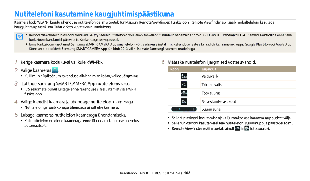 Samsung EC-ST72ZZBPLE2 manual Nutitelefoni kasutamine kaugjuhtimispäästikuna, Määrake nutitelefonil järgmised võttesuvandid 