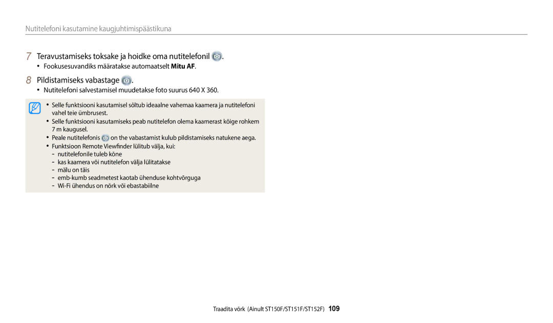 Samsung EC-ST72ZZBPWE2, EC-ST150FBPWE2 manual Teravustamiseks toksake ja hoidke oma nutitelefonil, Pildistamiseks vabastage 