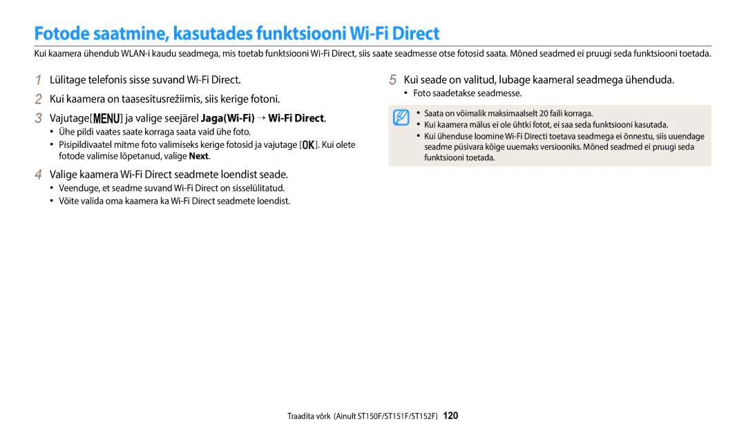 Samsung EC-ST150FBPWE2, EC-ST72ZZBPWE2 manual Fotode saatmine, kasutades funktsiooni Wi-Fi Direct, Foto saadetakse seadmesse 