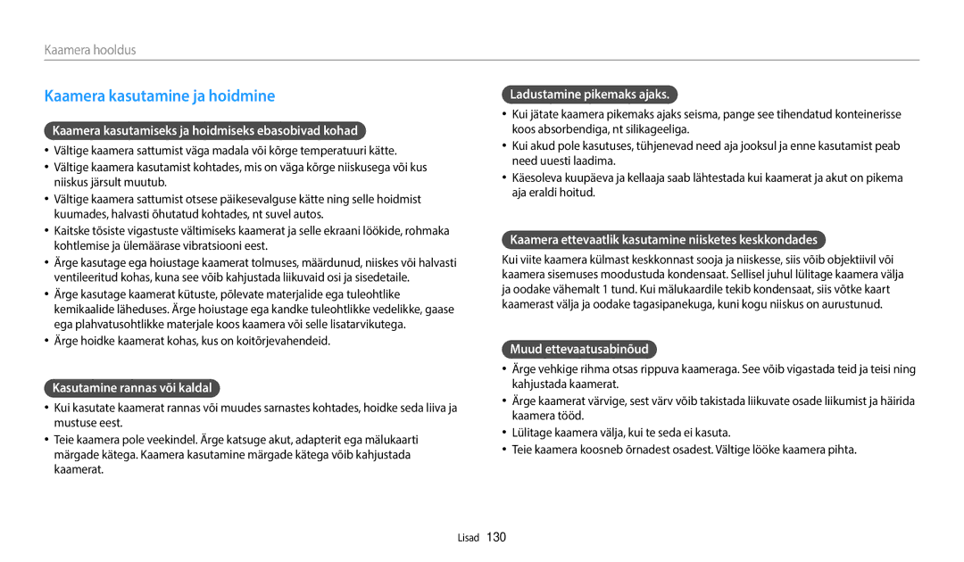 Samsung EC-ST150FBPWE2, EC-ST72ZZBPWE2, EC-ST72ZZBPBE2, EC-ST150FBPBE2, EC-ST72ZZBPLE2 manual Kaamera kasutamine ja hoidmine 