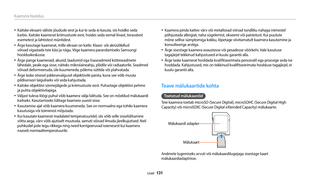 Samsung EC-ST72ZZBPBE2, EC-ST72ZZBPWE2, EC-ST150FBPWE2, EC-ST150FBPBE2 manual Teave mälukaartide kohta, Toetatud mälukaardid 