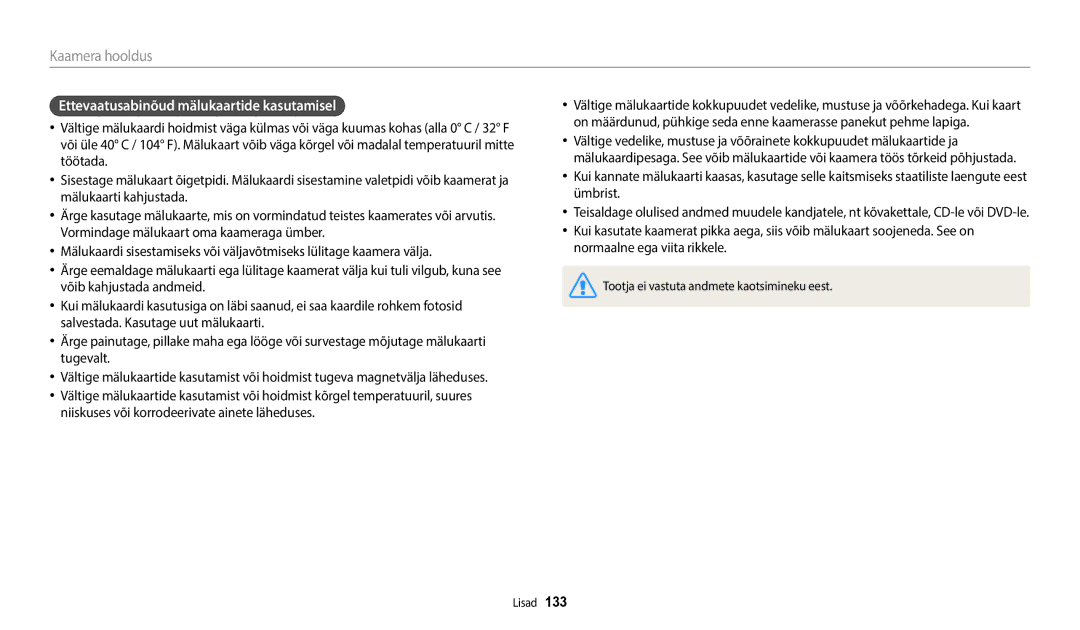 Samsung EC-ST72ZZBPLE2, EC-ST72ZZBPWE2, EC-ST150FBPWE2, EC-ST72ZZBPBE2 manual Ettevaatusabinõud mälukaartide kasutamisel 