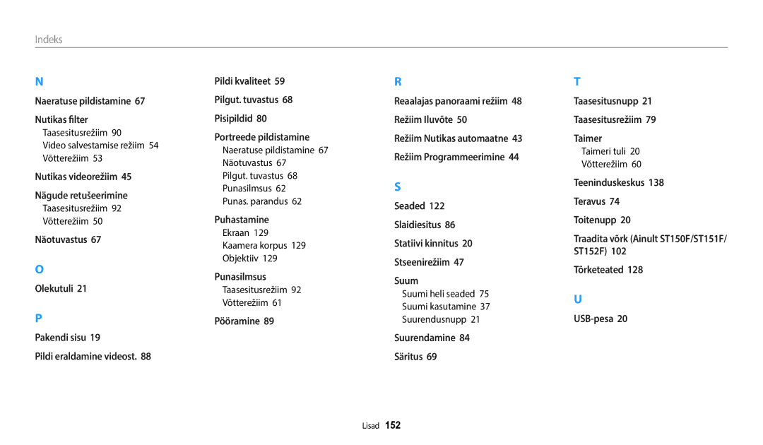 Samsung EC-ST150FBPBE2 Taasesitusrežiim Video salvestamise režiim 54 Võtterežiim, Naeratuse pildistamine 67 Näotuvastus 