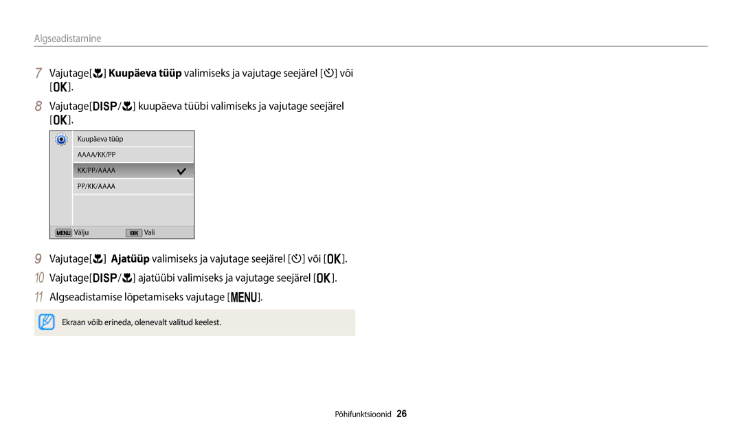 Samsung EC-ST72ZZBPBE2, EC-ST72ZZBPWE2, EC-ST150FBPWE2, EC-ST150FBPBE2, EC-ST72ZZBPLE2 manual Algseadistamine 