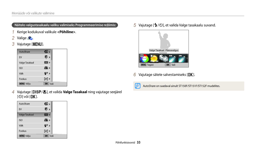 Samsung EC-ST72ZZBPLE2 manual Kerige kodukuval valikule Põhiline Valige Vajutage m, Vajutage sätete salvestamiseks o 