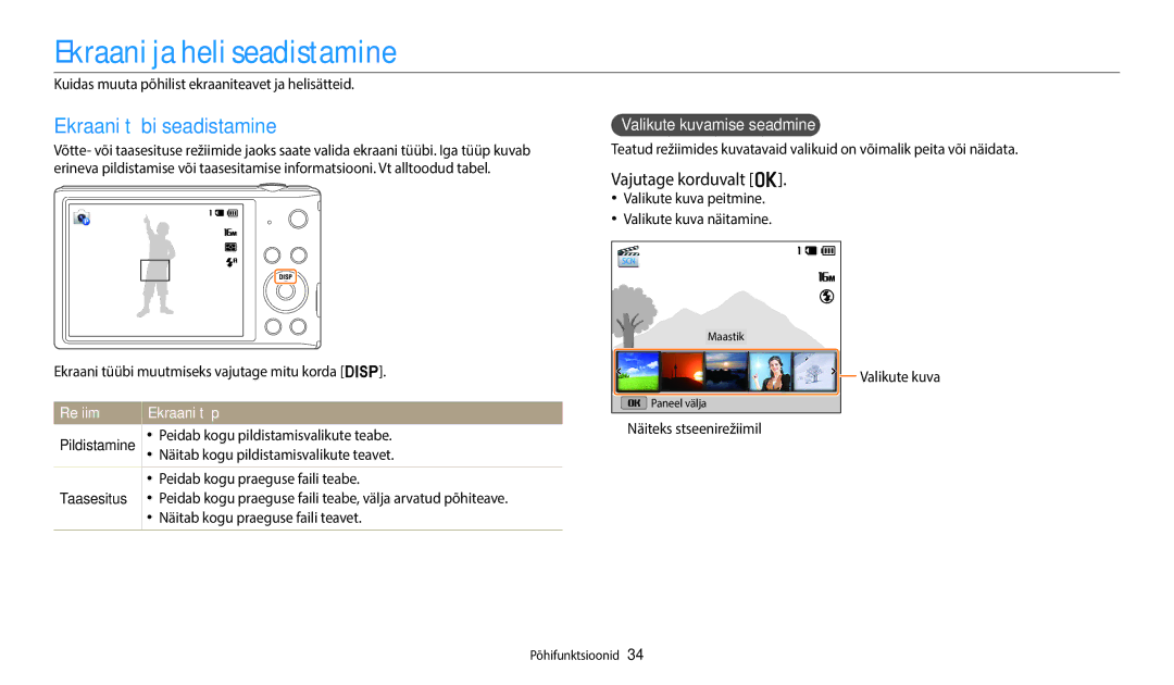 Samsung EC-ST72ZZBPWE2 Ekraani ja heli seadistamine, Ekraani tüübi seadistamine, Vajutage korduvalt o, Režiim Ekraani tüüp 