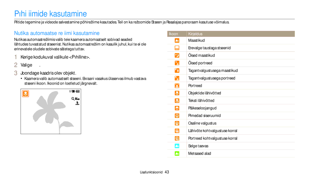 Samsung EC-ST72ZZBPLE2, EC-ST72ZZBPWE2, EC-ST150FBPWE2 manual Põhižiimide kasutamine, Nutika automaatse režiimi kasutamine 