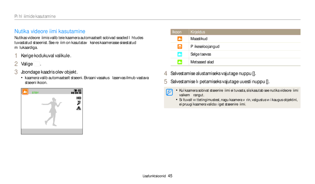 Samsung EC-ST150FBPWE2, EC-ST72ZZBPWE2, EC-ST72ZZBPBE2, EC-ST150FBPBE2, EC-ST72ZZBPLE2 manual Nutika videorežiimi kasutamine 