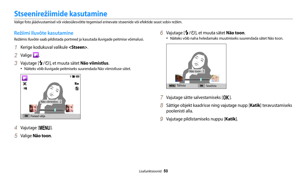 Samsung EC-ST150FBPWE2, EC-ST72ZZBPWE2, EC-ST72ZZBPBE2 manual Stseenirežiimide kasutamine, Režiimi Iluvõte kasutamine 